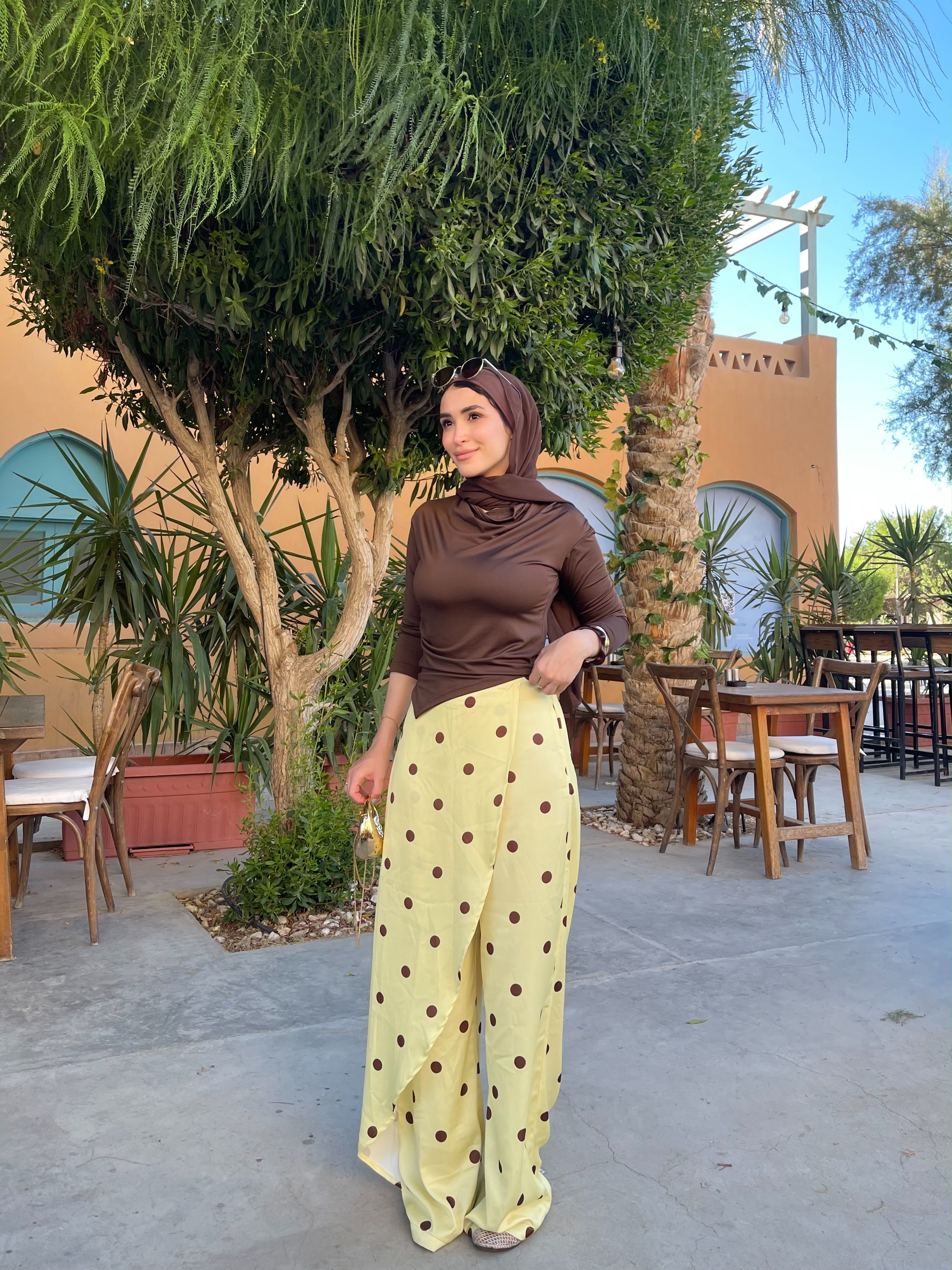 Layering polka dots yellow pants