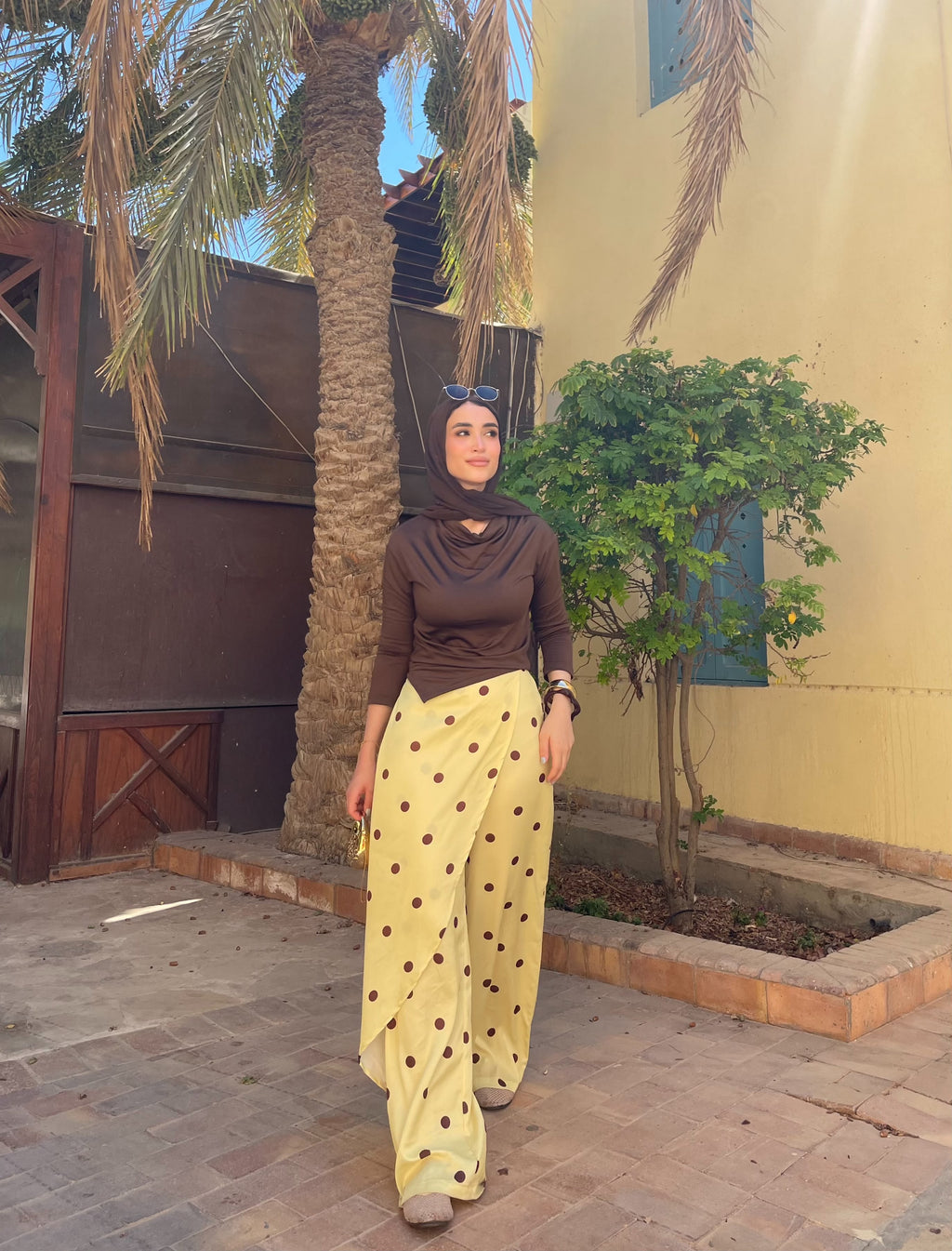 Layering polka dots yellow pants