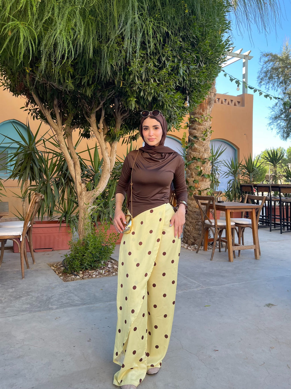Layering polka dots yellow pants