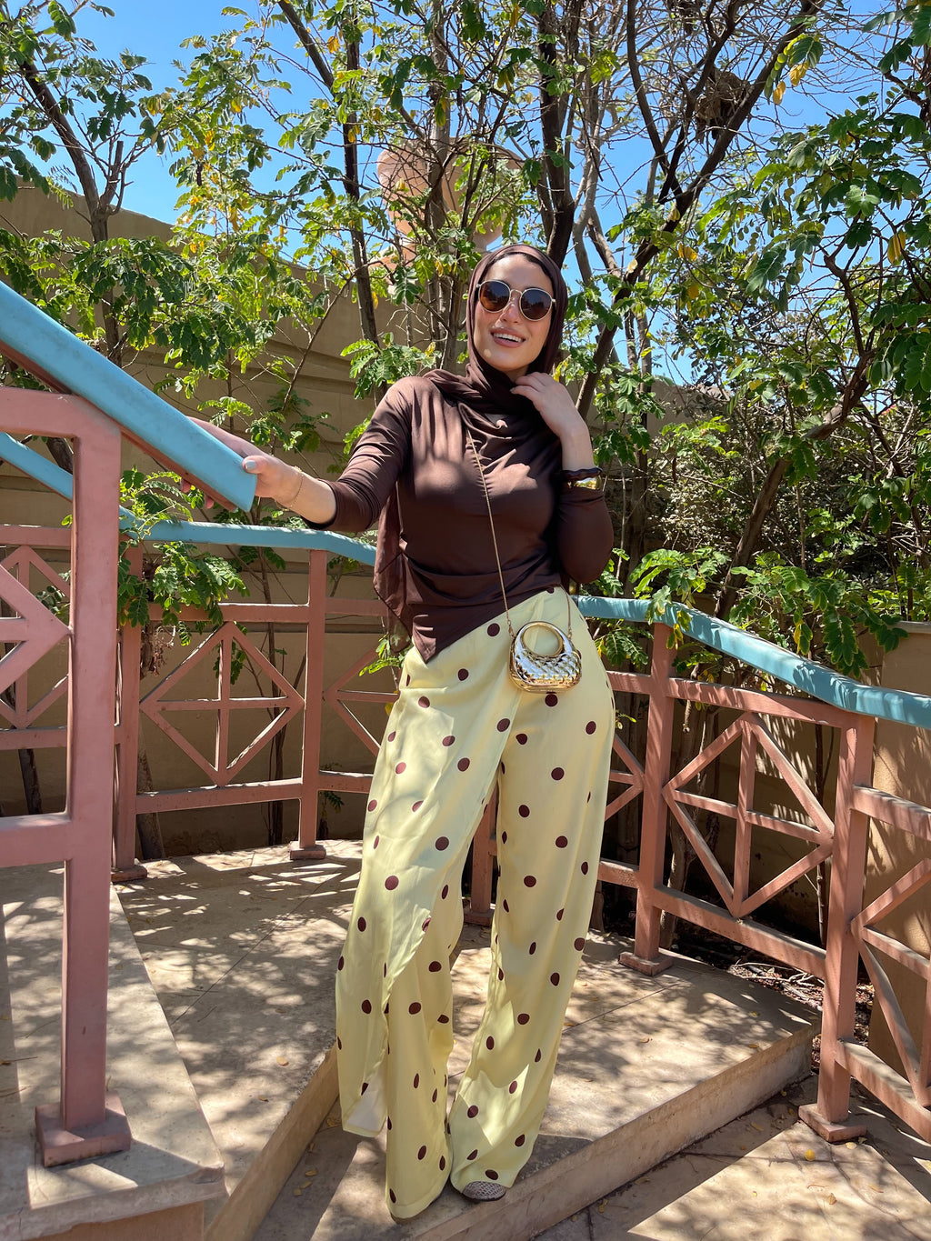 Layering polka dots yellow pants