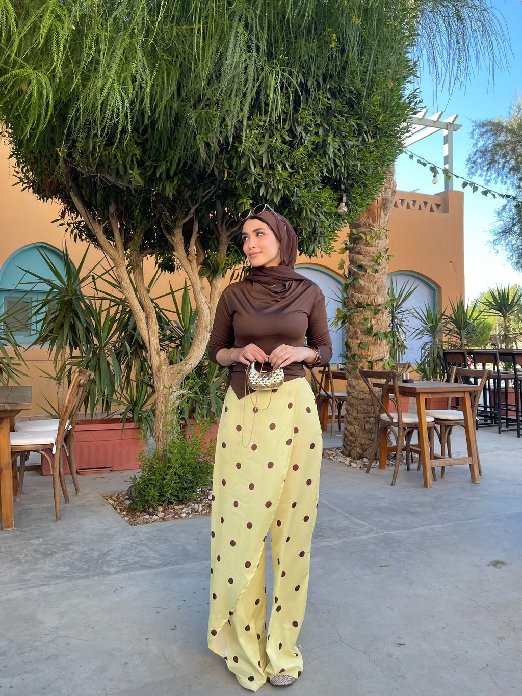 Layering polka dots yellow pants