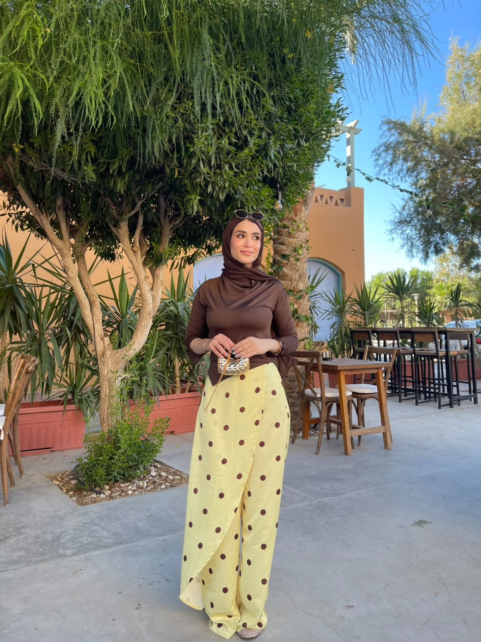 Layering polka dots yellow pants