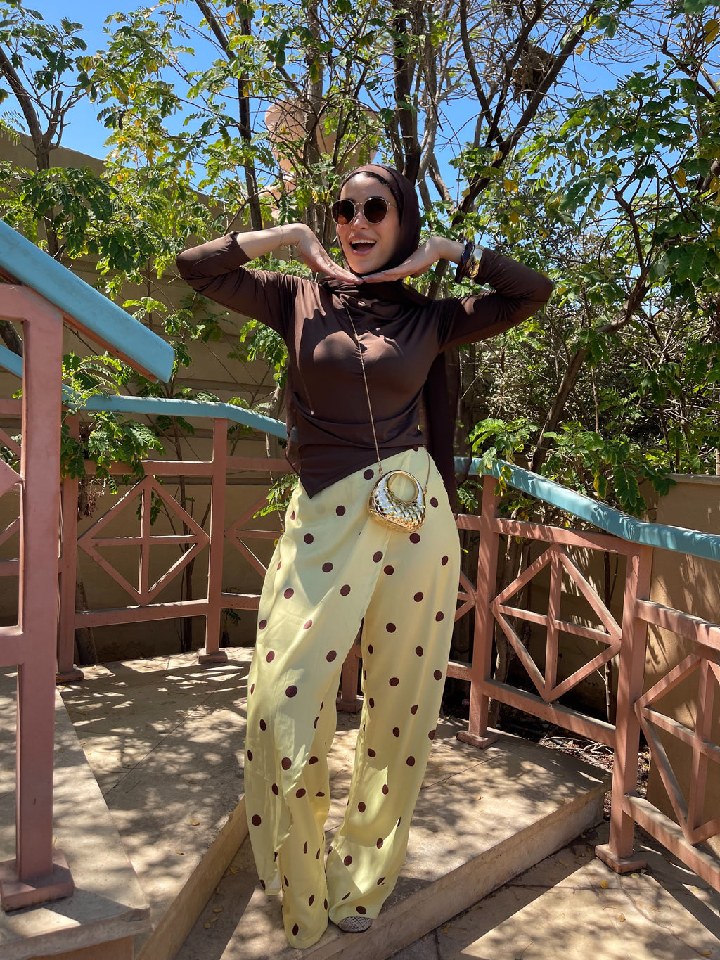 Layering polka dots yellow pants