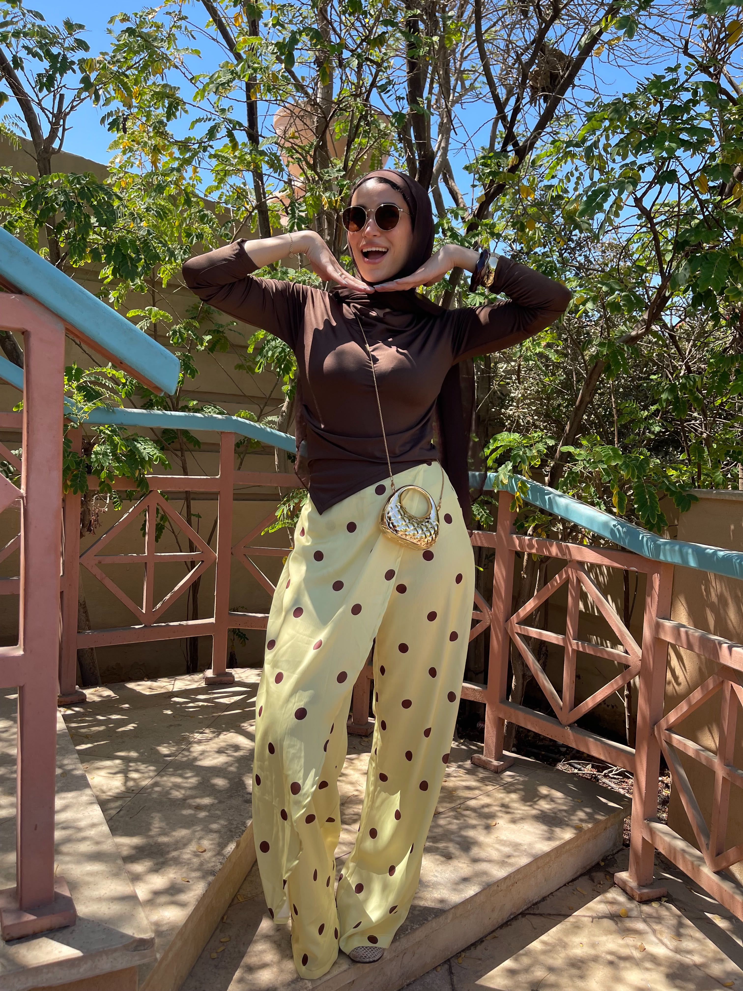 Layering polka dots yellow pants