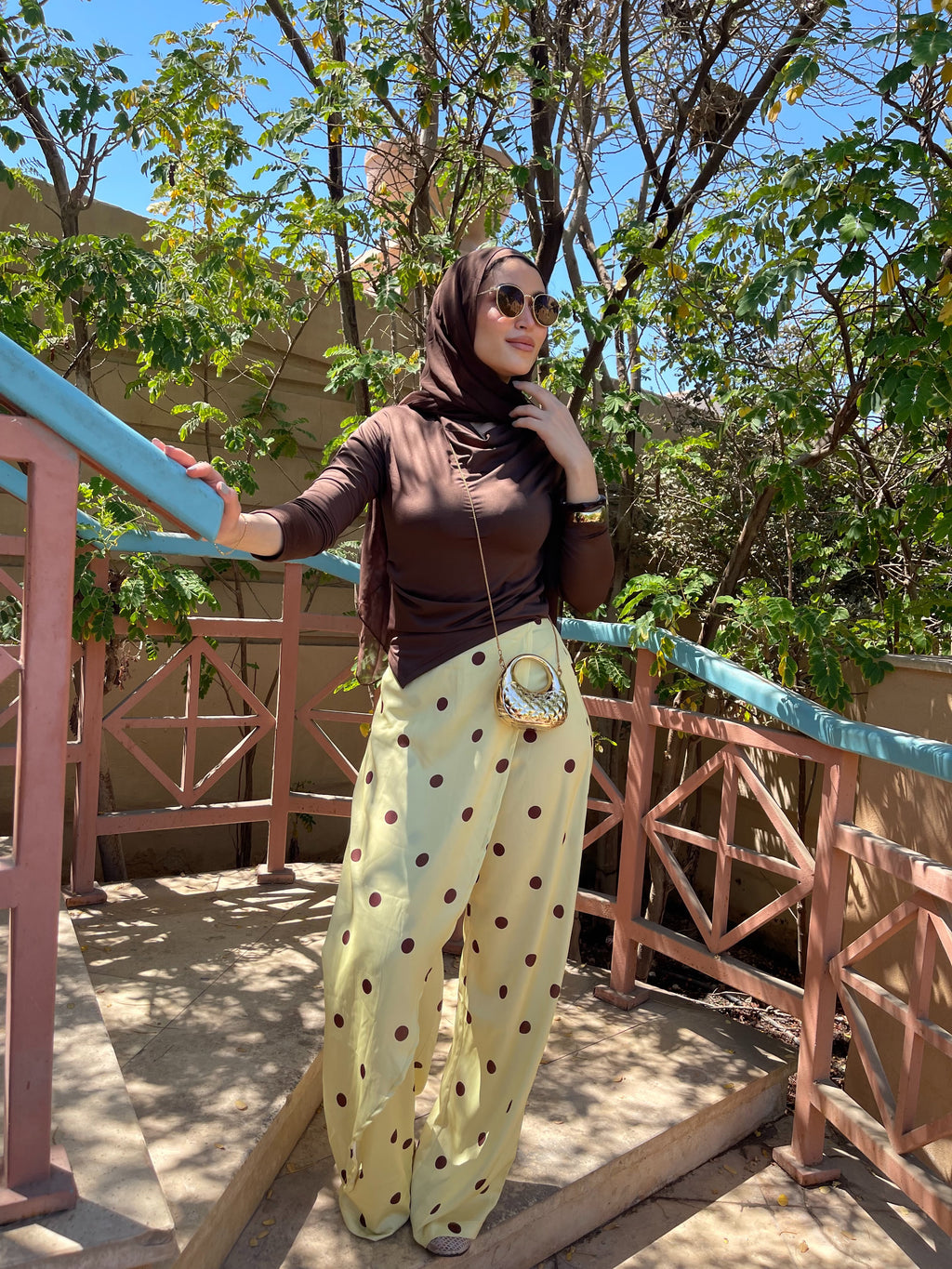 Layering polka dots yellow pants