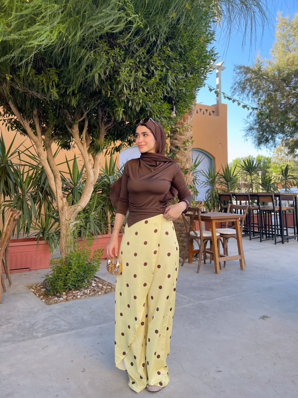 Layering polka dots yellow pants